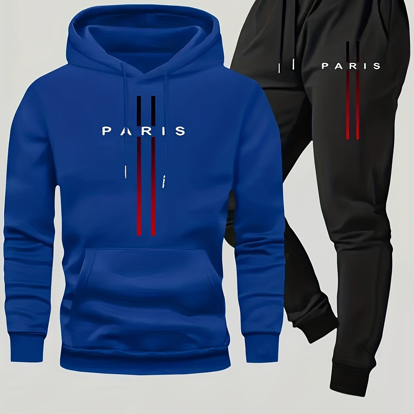 Paris Men'S Casual Fleece - Lined Hoodie and Jogger Set - Stylish Print, Long Sleeve, Kangaroo Pocket, Suitable for Autumn and Winter, Outdoor Sports Warmth, Daily Wear Home Outfit, Perfect For Outdoor - GoDiscount
