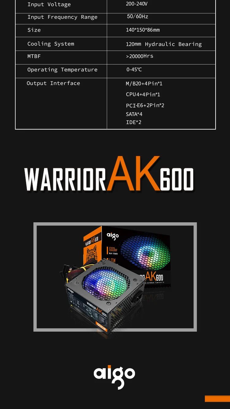 Alimentation PC Gaming Aigo AK 500W–1000W – PSU ATX 220V avec Ventilateur RGB 120mm | Bureau, Gaming & Mining BTC - GoDiscount