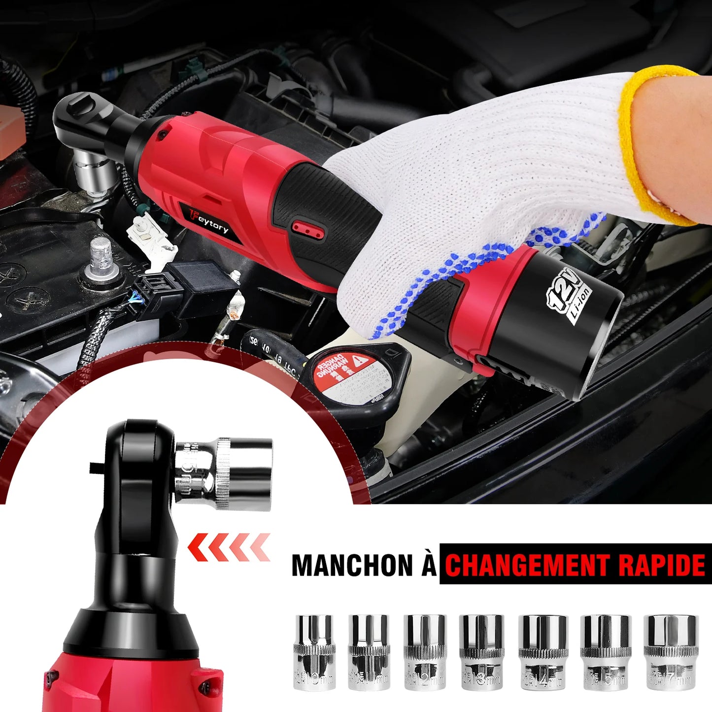 Feytory 200Nm Cordless Ratchet Wrench Set 90° with 2 x 1500mAh Lithium - Ion Batteries, 3/8'' Angle Wrench with 7pcs Sockets Set - GoDiscount