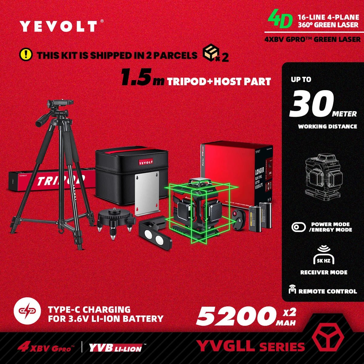 🟢🔭 Niveau Laser 3D 360° – YEVOLT YVGLL4XS16 • 4 Plans • 16 Lignes • Auto - Nivelant Pro - GoDiscount