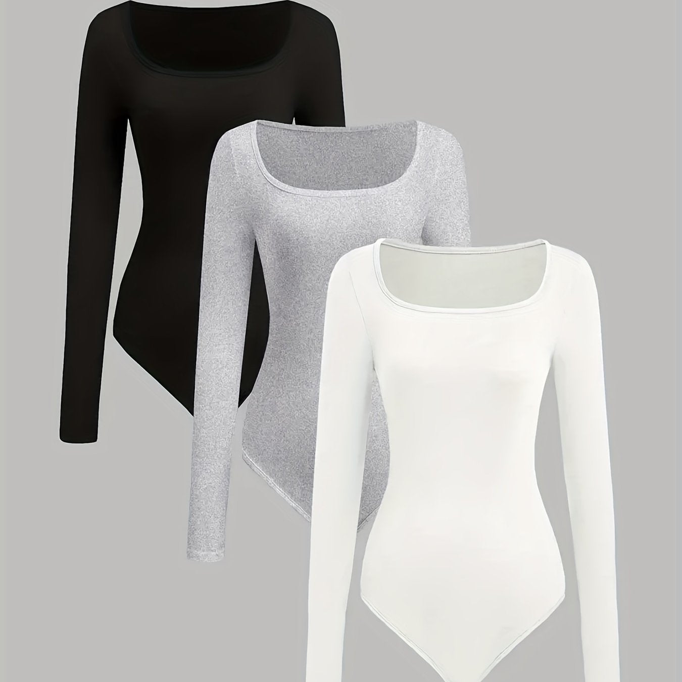 Women'S Slim - Fit Square Neck Long Sleeve Solid Color 3pcs Set - Casual Style, Regular Sleeve, All - Season Wear, No Belt, Chest Pad, Regular Length, Solid Color, Versatile Outfit|Slim Fit Bodysuit| Fabric - GoDiscount
