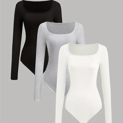 Women'S Slim - Fit Square Neck Long Sleeve Solid Color 3pcs Set - Casual Style, Regular Sleeve, All - Season Wear, No Belt, Chest Pad, Regular Length, Solid Color, Versatile Outfit|Slim Fit Bodysuit| Fabric - GoDiscount
