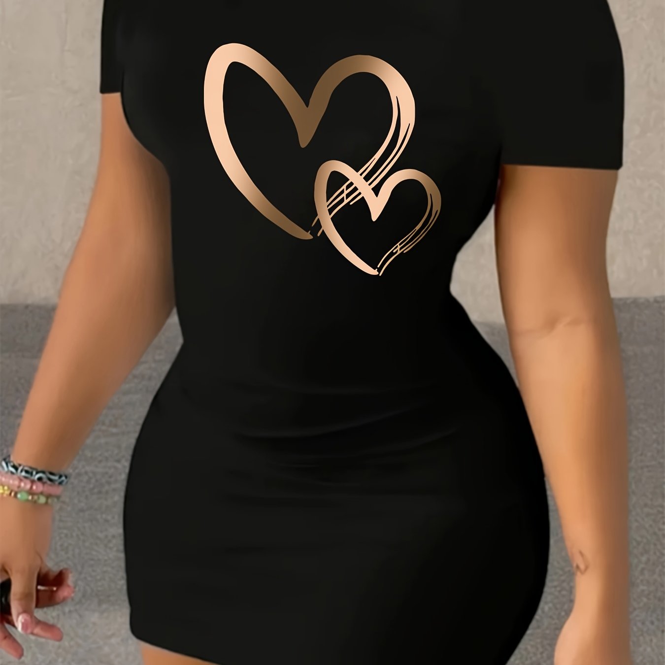 Women's Sporty Geometric Heart Print Dress - Stretchy Round Neck Short Sleeve, Machine Washable All - Season Casual & Athletic Wear, Easy Maintenance Clothing, Comfortable Fit - GoDiscount