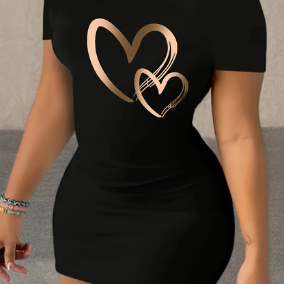 Women's Sporty Geometric Heart Print Dress - Stretchy Round Neck Short Sleeve, Machine Washable All - Season Casual & Athletic Wear, Easy Maintenance Clothing, Comfortable Fit - GoDiscount