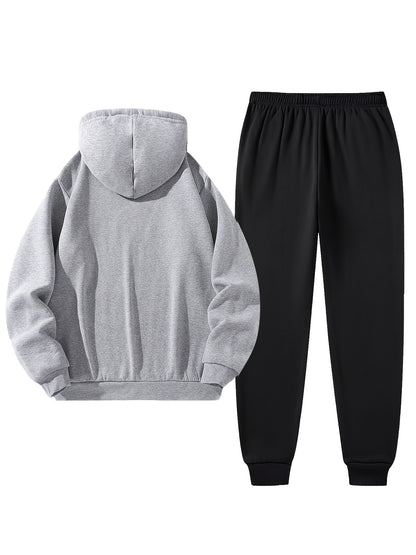 2pcs Men'S Casual Cartoon Paris Letter Drawstring Hoodie and Sports Trousers Set | Hooded, Loose Fit, Slight Stretch Fabric, Patterned for Fall/Winter - GoDiscount