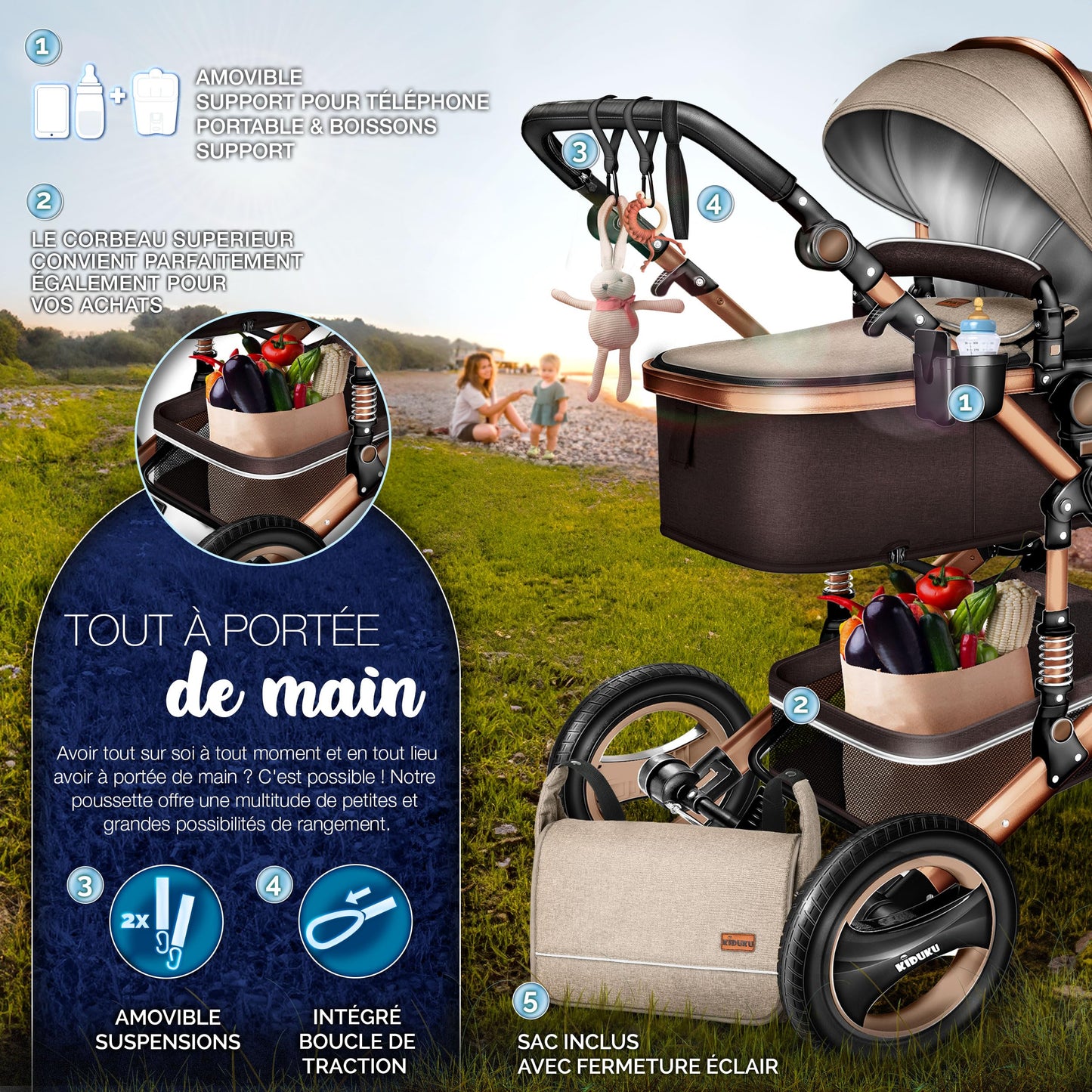 KIDUKU® 3 in 1 complete set XXL, sports seat and car seat, solid rubber tires, diaper bag and accessories, ECE R129 standard - GoDiscount