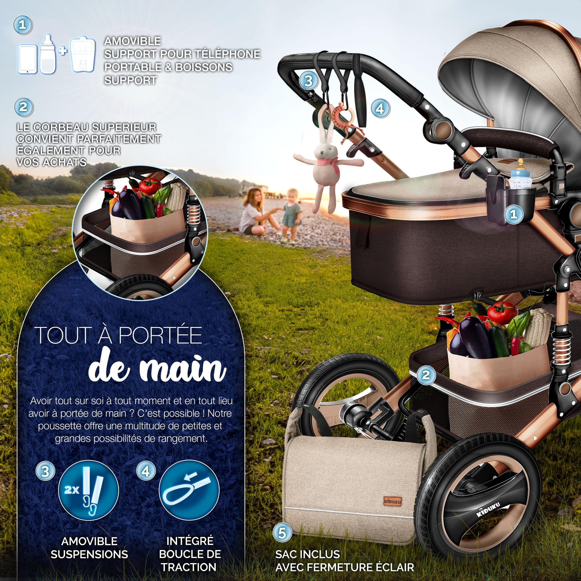 KIDUKU® 3 in 1 complete set XXL, sports seat and car seat, solid rubber tires, diaper bag and accessories, ECE R129 standard - GoDiscount