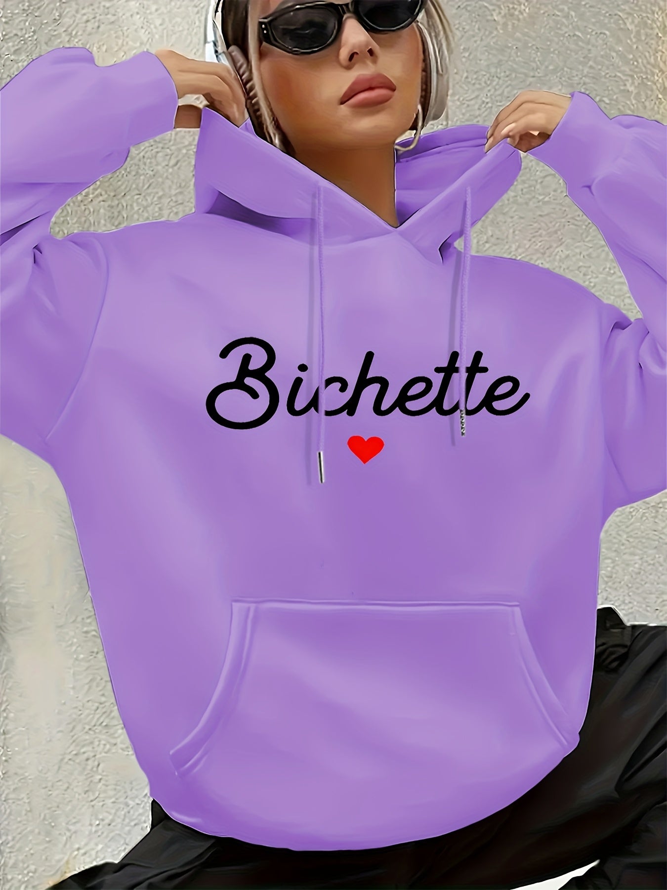 Women'S Chic Brown Hoodie with "Bichette" Print and Red Heart Design - Cozy Long Sleeve Pullover with Kangaroo Pocket, Perfect for Casual Fall/Winter Wear, Casual Wear Hoodie | Chic Casual Style | Polyester Hoodie - GoDiscount