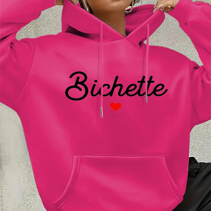 Women'S Chic Brown Hoodie with "Bichette" Print and Red Heart Design - Cozy Long Sleeve Pullover with Kangaroo Pocket, Perfect for Casual Fall/Winter Wear, Casual Wear Hoodie | Chic Casual Style | Polyester Hoodie - GoDiscount