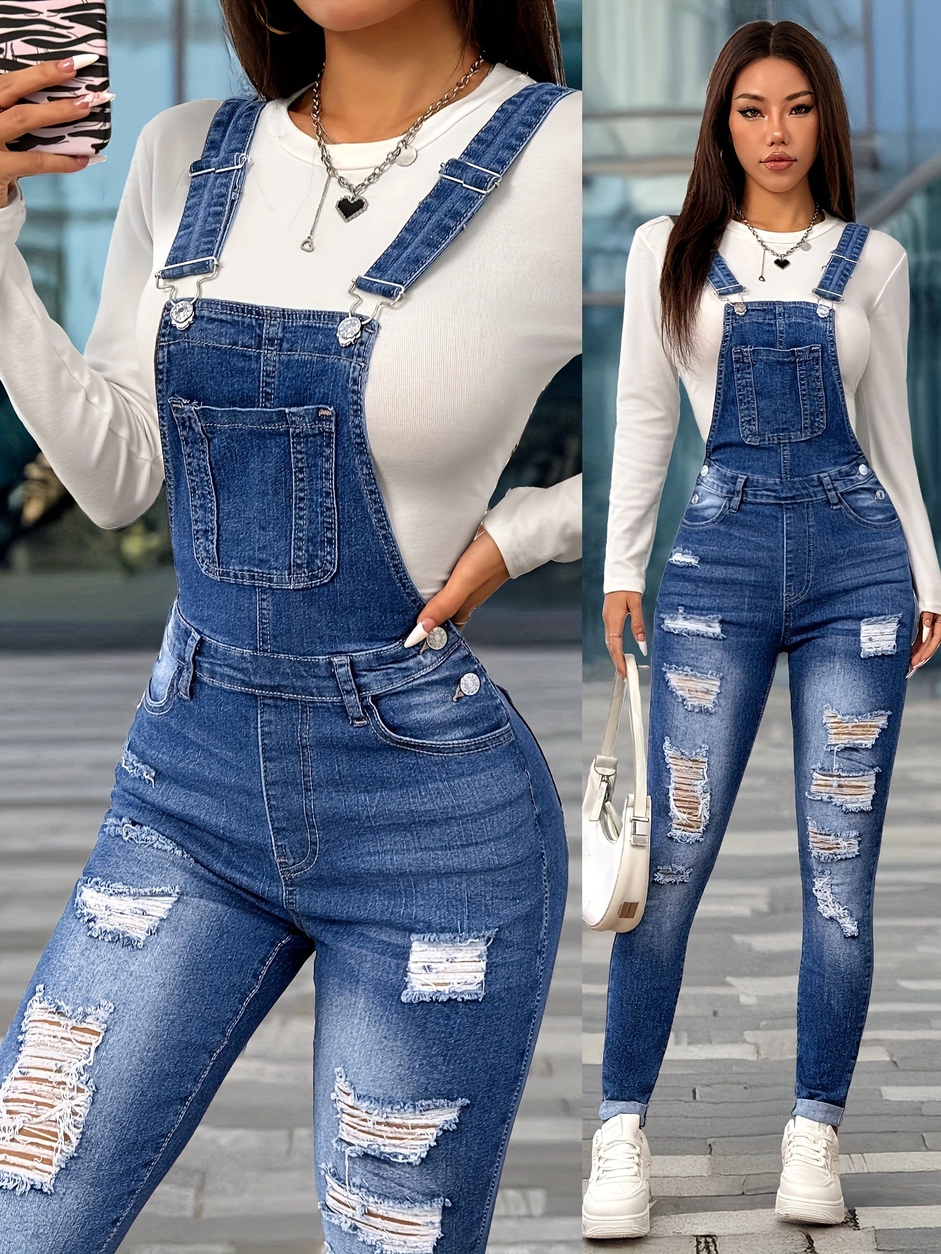 Women'S Casual Denim Overalls & Long Sleeve Top - Stretch Washed Blue with Distressed Details, Adjustable Straps, and Pockets, Perfect for Spring/Summer/Fall, Spring Summer Fashion | Distressed Denim Look | Medium Stretch Fab - GoDiscount