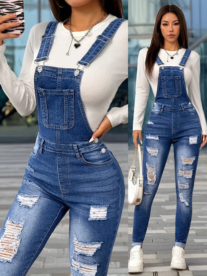 Women'S Casual Denim Overalls & Long Sleeve Top - Stretch Washed Blue with Distressed Details, Adjustable Straps, and Pockets, Perfect for Spring/Summer/Fall, Spring Summer Fashion | Distressed Denim Look | Medium Stretch Fab - GoDiscount