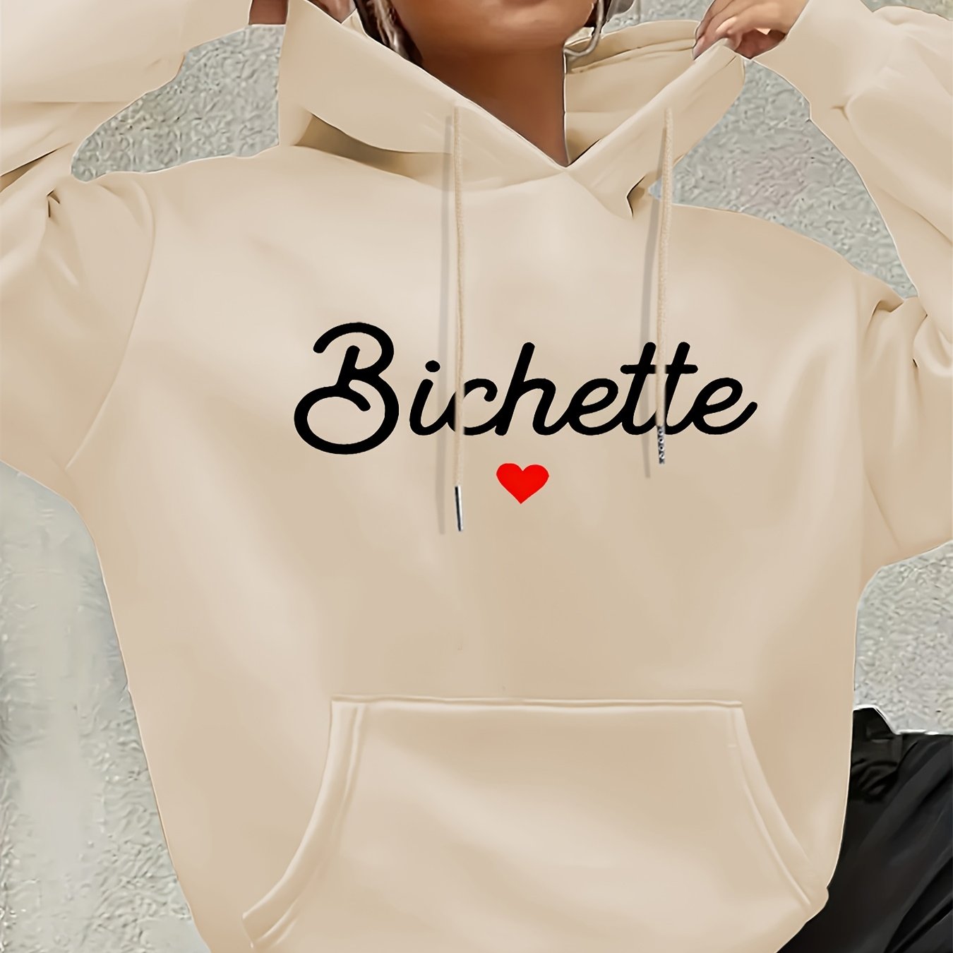 Women'S Chic Brown Hoodie with "Bichette" Print and Red Heart Design - Cozy Long Sleeve Pullover with Kangaroo Pocket, Perfect for Casual Fall/Winter Wear, Casual Wear Hoodie | Chic Casual Style | Polyester Hoodie - GoDiscount