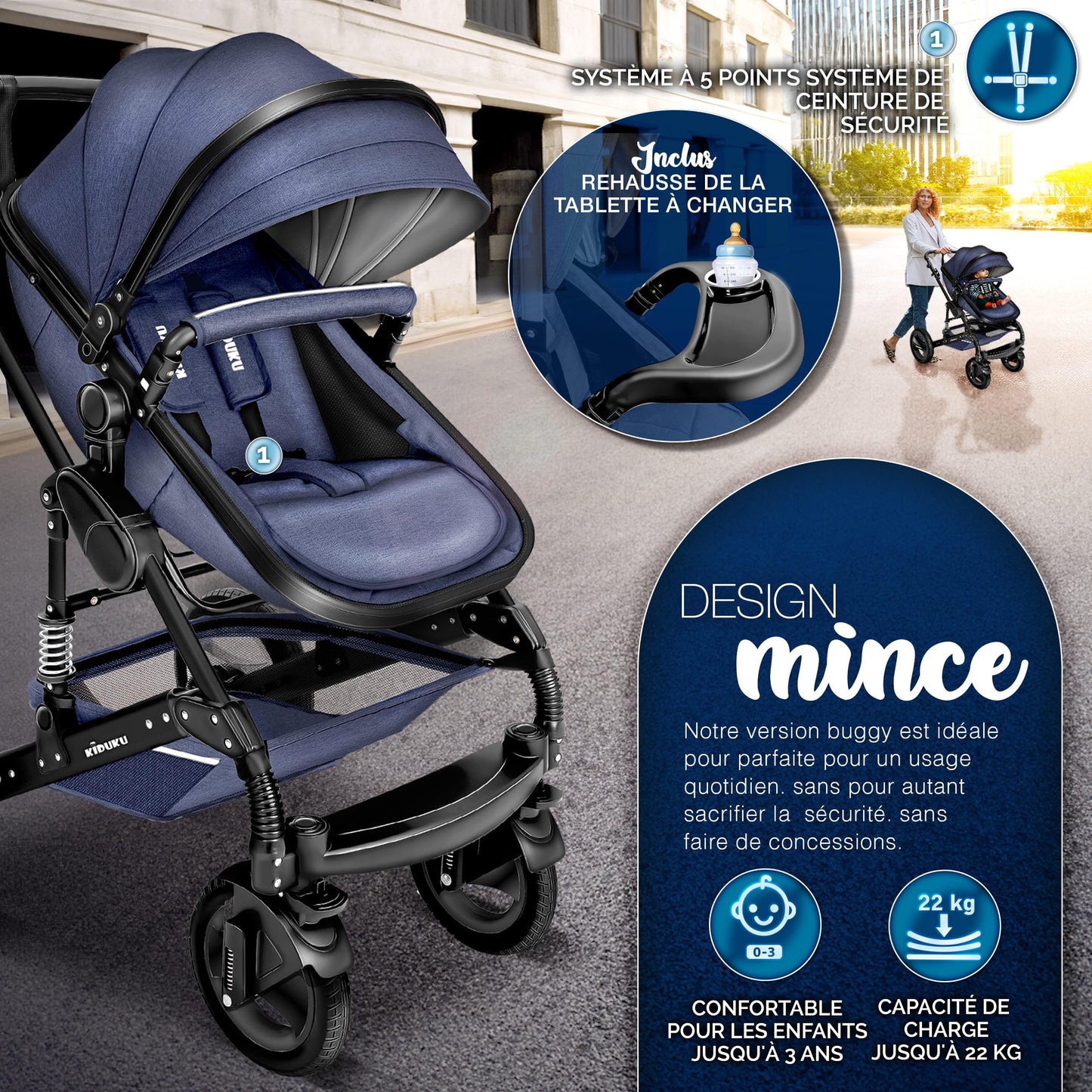 KIDUKU® 3 in 1 complete set XXL, sports seat and car seat, solid rubber tires, diaper bag and accessories, ECE R129 standard