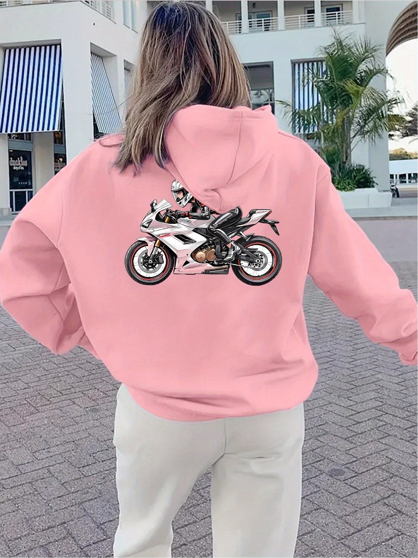 Women'S Motorcycle Graphic Hoodie - Red Casual Sporty Pullover with Back Print, Long Sleeves, and Pockets, Perfect for Casual Attire, Motorcycle Riding Gear - GoDiscount