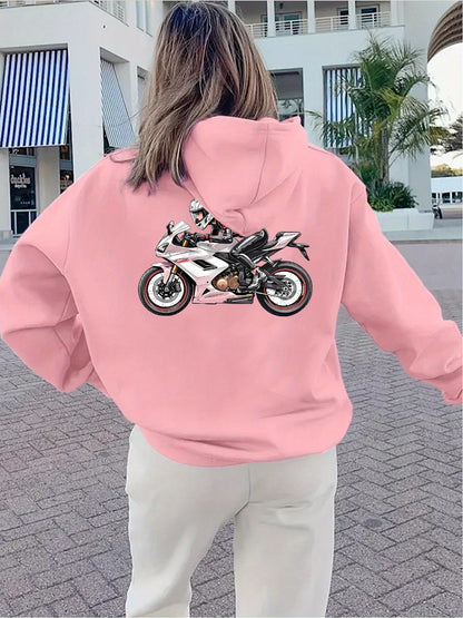 Women'S Motorcycle Graphic Hoodie - Red Casual Sporty Pullover with Back Print, Long Sleeves, and Pockets, Perfect for Casual Attire, Motorcycle Riding Gear - GoDiscount