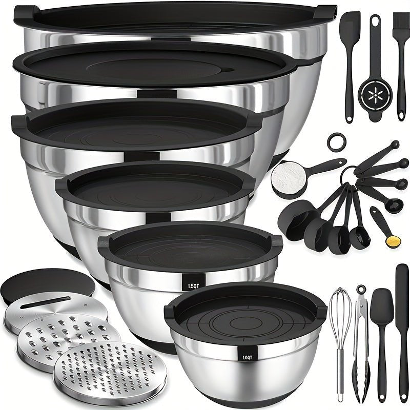 18pcs Stainless Steel Mixing Bowl Set with Sealing Lids, Grater Attachment, And Non - Slip Bottom for Mixing And Serving - GoDiscount