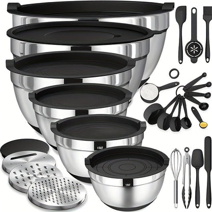 18pcs Stainless Steel Mixing Bowl Set with Sealing Lids, Grater Attachment, And Non - Slip Bottom for Mixing And Serving - GoDiscount
