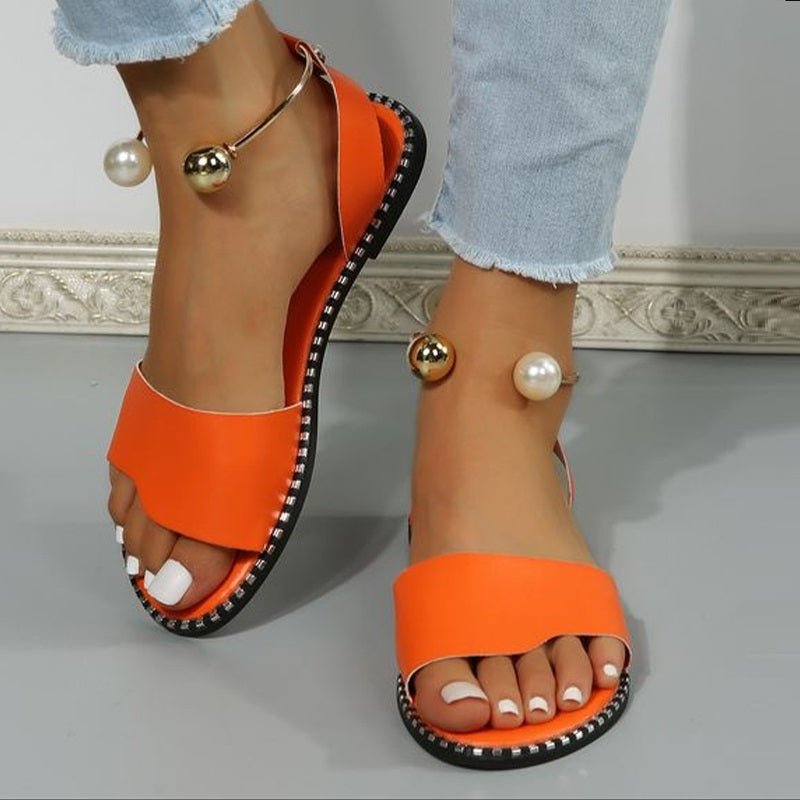 Women's Flat Sandals, Solid Color Beaded Beach Shoes, Slingback Slides for Koningsdag/King's Day - GoDiscount