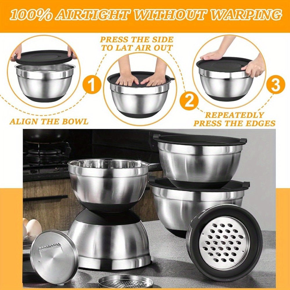 18pcs Stainless Steel Mixing Bowl Set with Sealing Lids, Grater Attachment, And Non - Slip Bottom for Mixing And Serving - GoDiscount