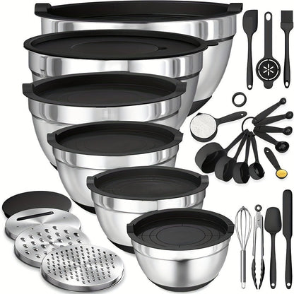 18pcs Stainless Steel Mixing Bowl Set with Sealing Lids, Grater Attachment, And Non - Slip Bottom for Mixing And Serving - GoDiscount