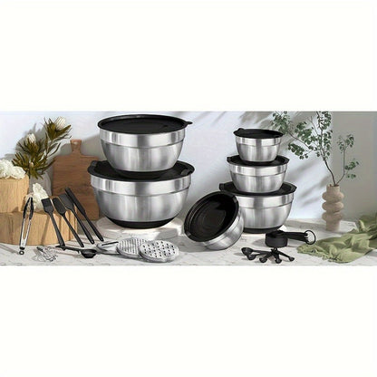 18pcs Stainless Steel Mixing Bowl Set with Sealing Lids, Grater Attachment, And Non - Slip Bottom for Mixing And Serving - GoDiscount