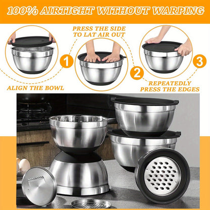 18pcs Stainless Steel Mixing Bowl Set with Sealing Lids, Grater Attachment, And Non - Slip Bottom for Mixing And Serving - GoDiscount