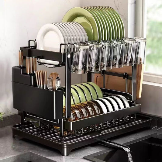 2 - Tier Stainless Steel Dish Drying Rack with Drainboard - Adjustable Rotatable Dish Drainer, Utensil & Cup Holder, Space - Saving Kitchen Counter Organizer for Efficient Drying, Efficient Water Drainage, Highquality Constructio - GoDiscount
