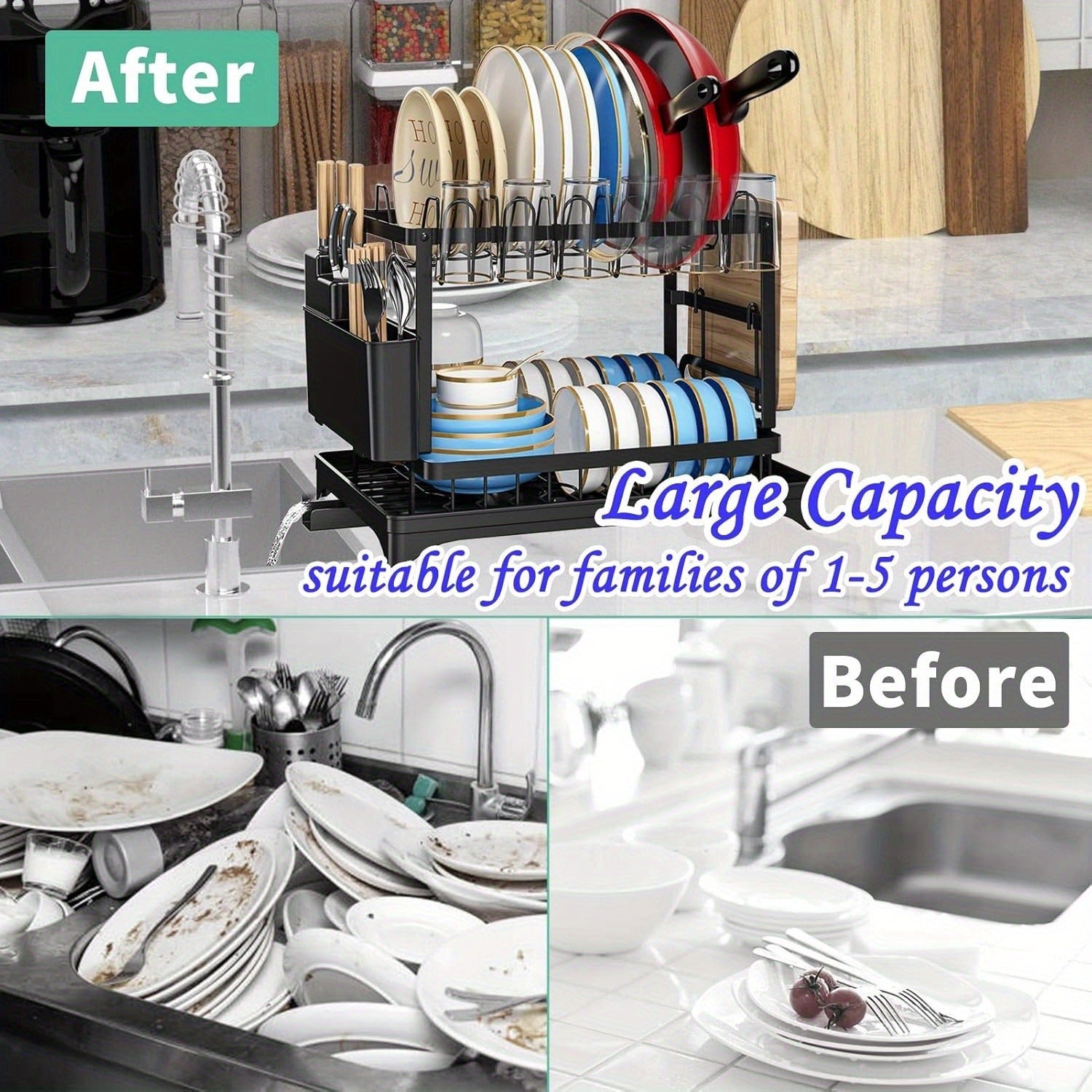 2 - Tier Stainless Steel Dish Drying Rack with Drainboard - Adjustable Rotatable Dish Drainer, Utensil & Cup Holder, Space - Saving Kitchen Counter Organizer for Efficient Drying, Efficient Water Drainage, Highquality Constructio - GoDiscount