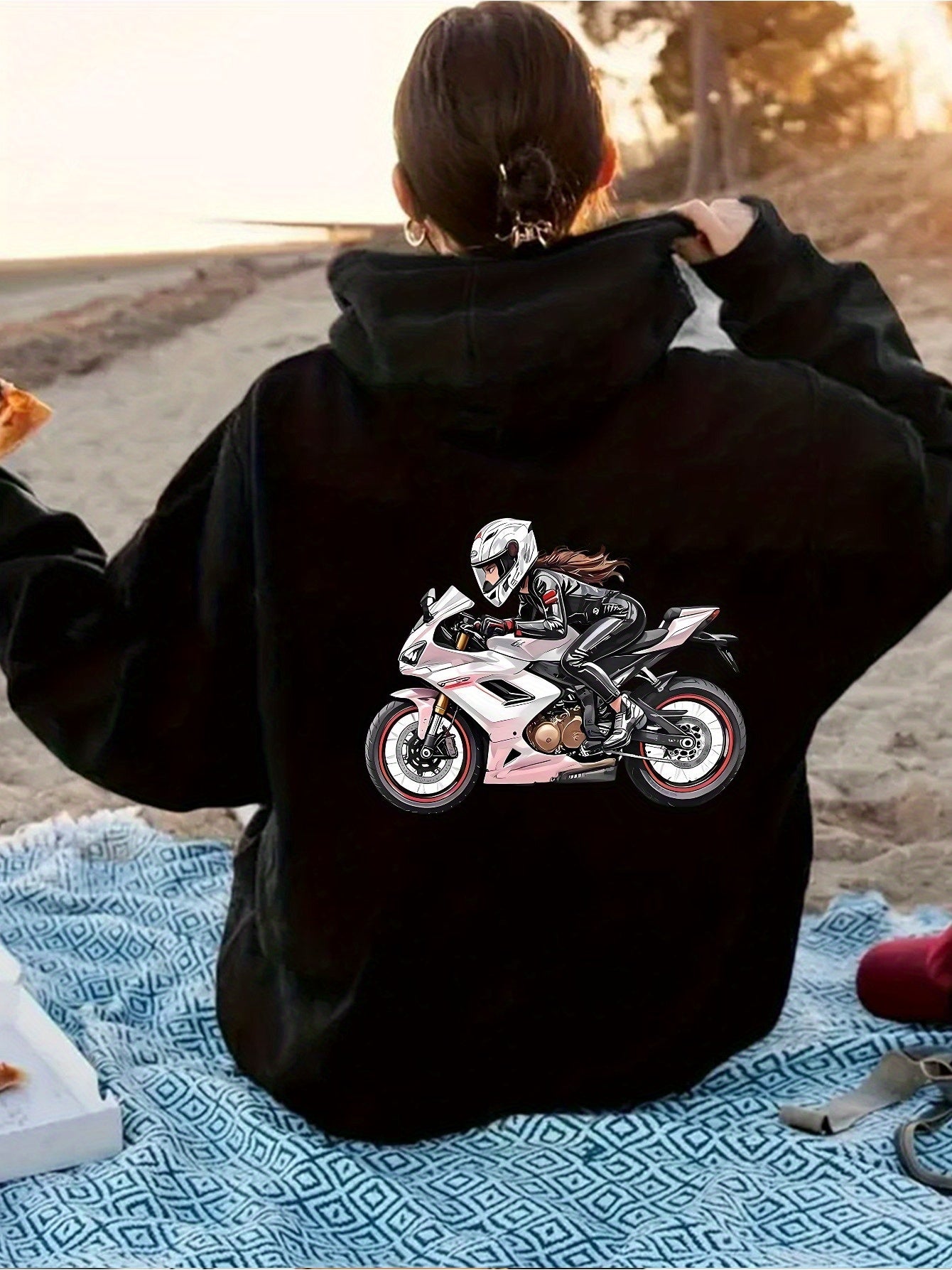 Women'S Motorcycle Graphic Hoodie - Red Casual Sporty Pullover with Back Print, Long Sleeves, and Pockets, Perfect for Casual Attire, Motorcycle Riding Gear - GoDiscount