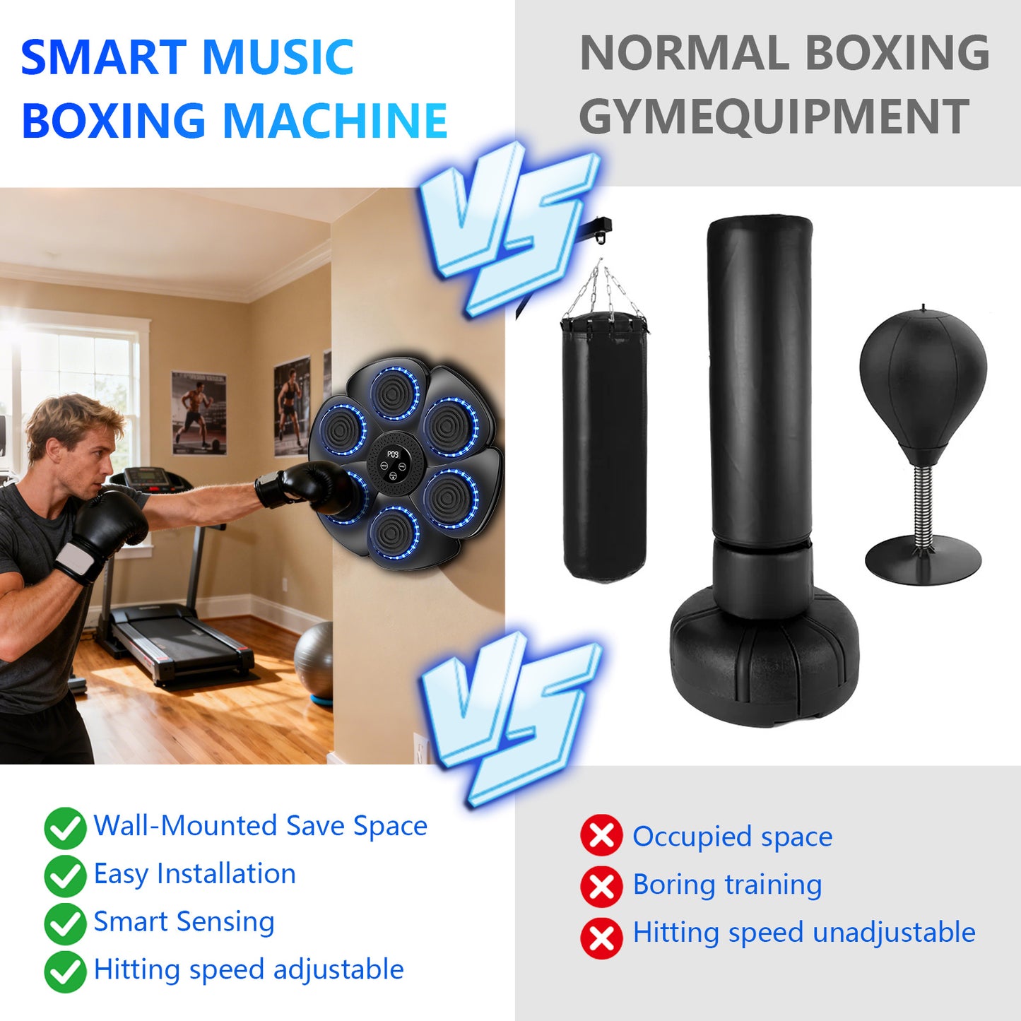Smart Music Boxing Machine, LED Electronic Music Boxing Machine with 2 Boxing Gloves, 18 Speeds, 9 Adjustable Modes, Wall - Mounted Boxing Machine Target, Automatic Counting, Christmas Gift for Adults and Children Exercise - GoDiscount