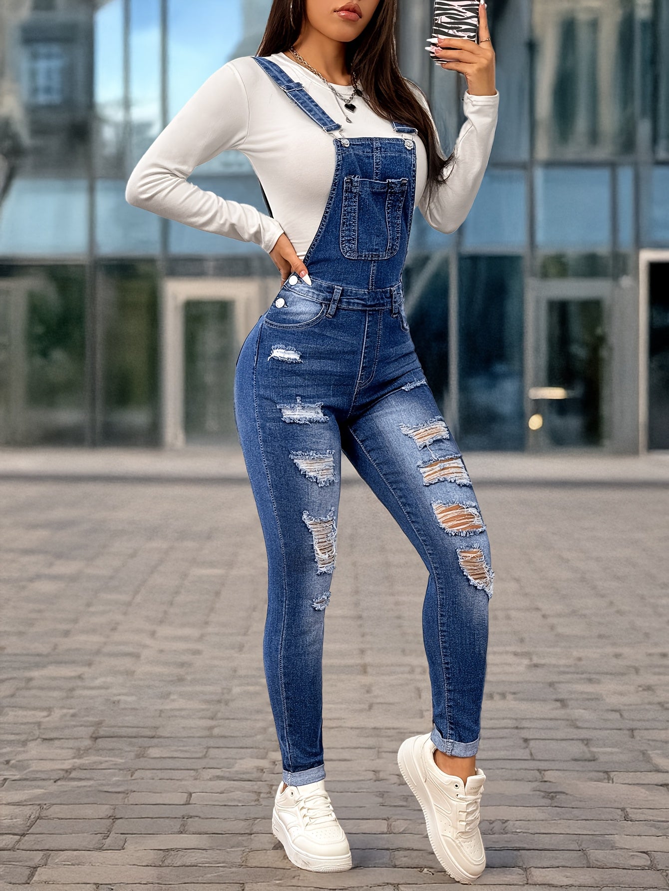 Women'S Casual Denim Overalls & Long Sleeve Top - Stretch Washed Blue with Distressed Details, Adjustable Straps, and Pockets, Perfect for Spring/Summer/Fall, Spring Summer Fashion | Distressed Denim Look | Medium Stretch Fab - GoDiscount