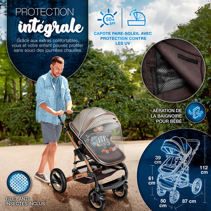 KIDUKU® 3 in 1 complete set XXL, sports seat and car seat, solid rubber tires, diaper bag and accessories, ECE R129 standard - GoDiscount