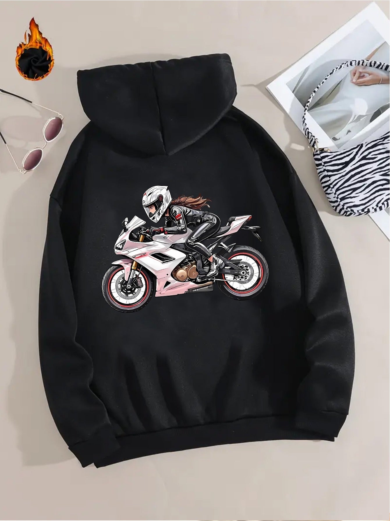 Women'S Motorcycle Graphic Hoodie - Red Casual Sporty Pullover with Back Print, Long Sleeves, and Pockets, Perfect for Casual Attire, Motorcycle Riding Gear - GoDiscount