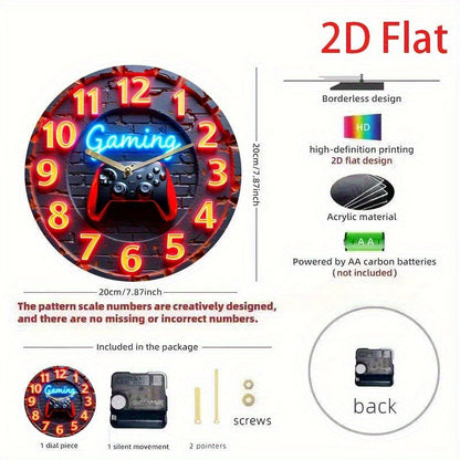 8 - Inch Gaming Neon Wall Clock | Acrylic Round Quartz Clock with Silent Design and Game Controller Graphic, Ideal for Home, Office, or Gift Decoration | Unique Gift Item | Fun Design | Glowing Clock Design, Game Room Decor - GoDiscount