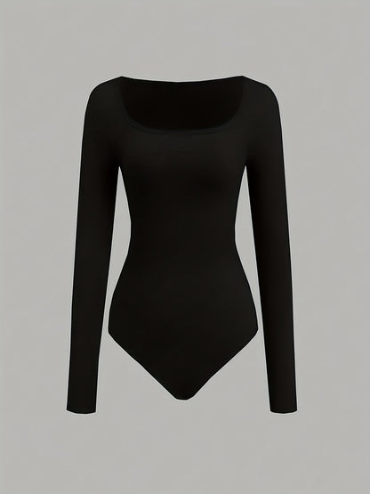 Women'S Slim - Fit Square Neck Long Sleeve Solid Color 3pcs Set - Casual Style, Regular Sleeve, All - Season Wear, No Belt, Chest Pad, Regular Length, Solid Color, Versatile Outfit|Slim Fit Bodysuit| Fabric - GoDiscount