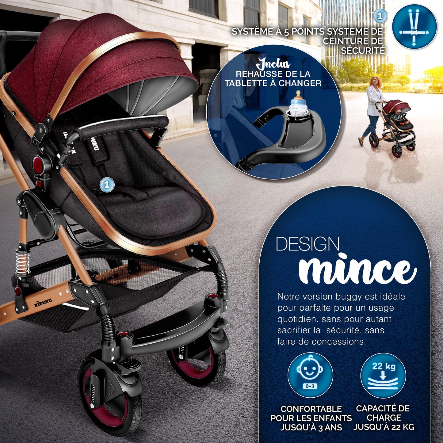 KIDUKU® 3 in 1 complete set XXL, sports seat and car seat, solid rubber tires, diaper bag and accessories, ECE R129 standard