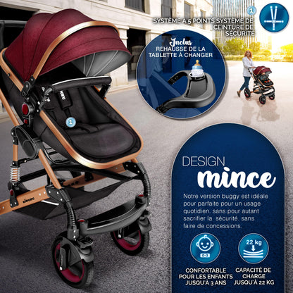 KIDUKU® 3 in 1 complete set XXL, sports seat and car seat, solid rubber tires, diaper bag and accessories, ECE R129 standard