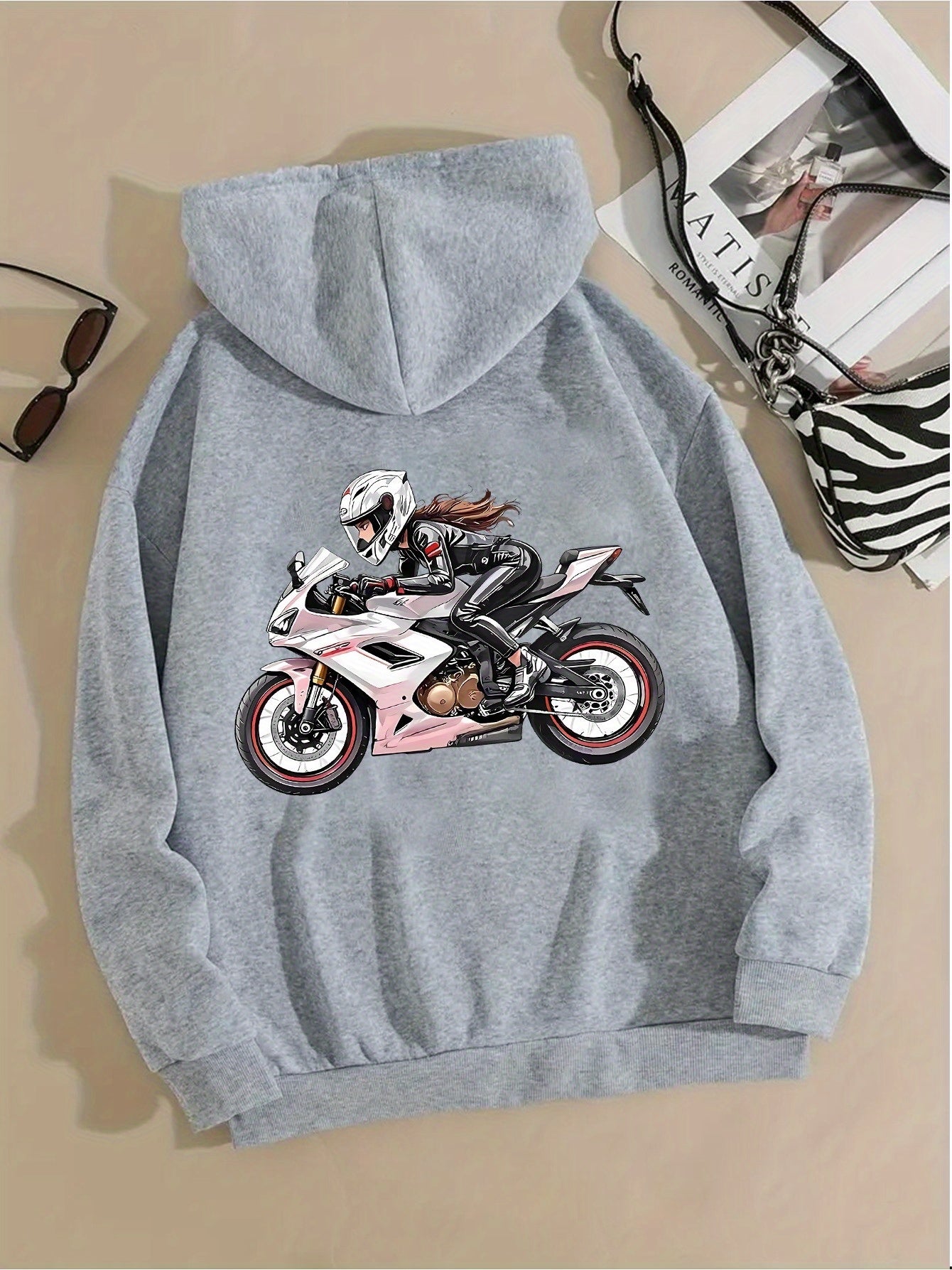 Women'S Motorcycle Graphic Hoodie - Red Casual Sporty Pullover with Back Print, Long Sleeves, and Pockets, Perfect for Casual Attire, Motorcycle Riding Gear - GoDiscount