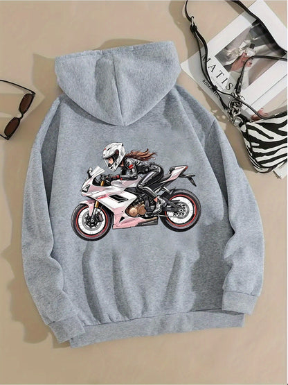 Women'S Motorcycle Graphic Hoodie - Red Casual Sporty Pullover with Back Print, Long Sleeves, and Pockets, Perfect for Casual Attire, Motorcycle Riding Gear - GoDiscount