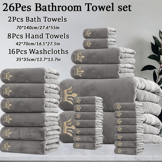 26pcs Bathroom Solid Embroidered Towel Set, Including 16 Square Towels + 8 Hand Towels + 2 Bath Towels, Made of Coral Fleece, Available in Multiple Colors, Soft And Comfortable, Good Water Absorption, Suitable for Fitness, Ba - GoDiscount