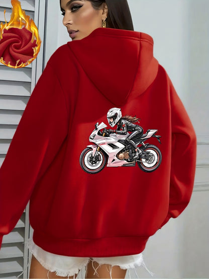 Women'S Motorcycle Graphic Hoodie - Red Casual Sporty Pullover with Back Print, Long Sleeves, and Pockets, Perfect for Casual Attire, Motorcycle Riding Gear - GoDiscount