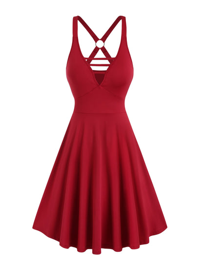 Ruffle Hem Aline Tank Dress, Elegant V - neck Sleeveless Cut Out Swing Dress For Spring & Summer, Women's Clothing - GoDiscount