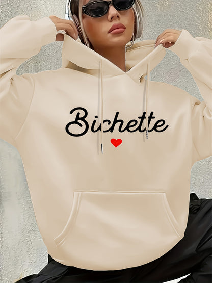 Women'S Chic Brown Hoodie with "Bichette" Print and Red Heart Design - Cozy Long Sleeve Pullover with Kangaroo Pocket, Perfect for Casual Fall/Winter Wear, Casual Wear Hoodie | Chic Casual Style | Polyester Hoodie - GoDiscount
