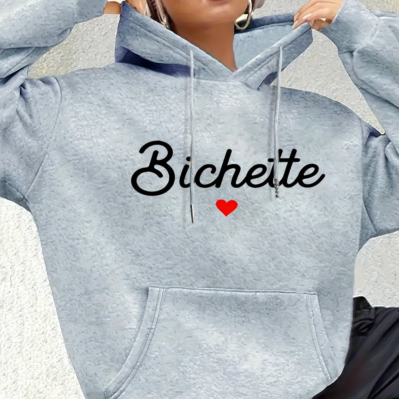 Women'S Chic Brown Hoodie with "Bichette" Print and Red Heart Design - Cozy Long Sleeve Pullover with Kangaroo Pocket, Perfect for Casual Fall/Winter Wear, Casual Wear Hoodie | Chic Casual Style | Polyester Hoodie - GoDiscount