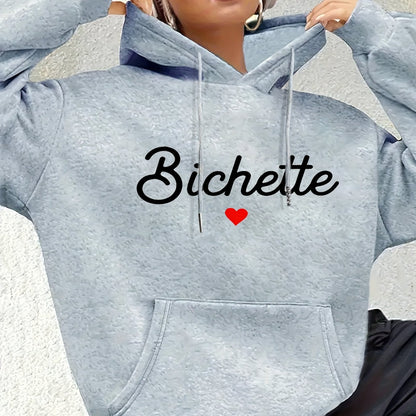 Women'S Chic Brown Hoodie with "Bichette" Print and Red Heart Design - Cozy Long Sleeve Pullover with Kangaroo Pocket, Perfect for Casual Fall/Winter Wear, Casual Wear Hoodie | Chic Casual Style | Polyester Hoodie - GoDiscount