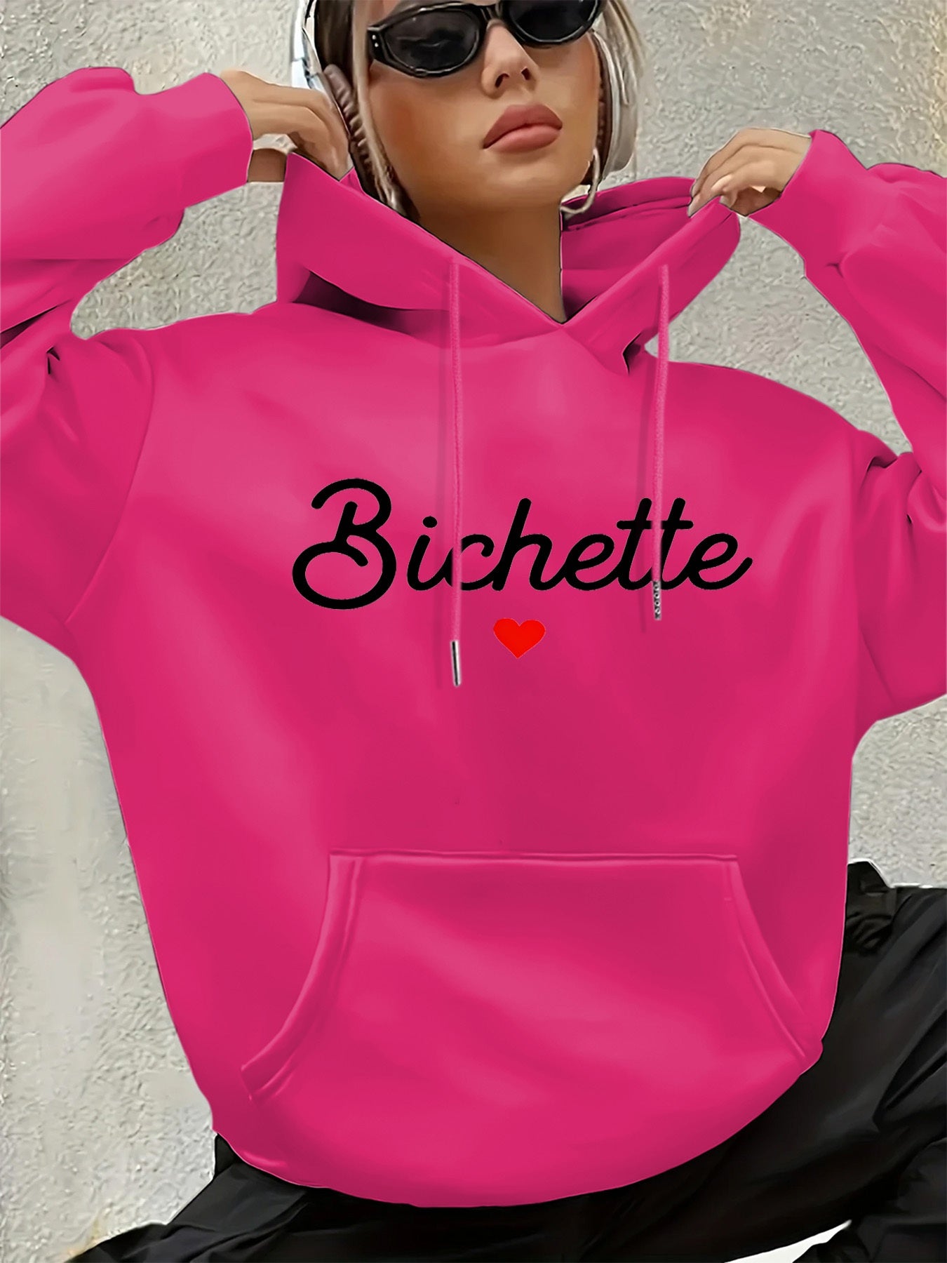 Women'S Chic Brown Hoodie with "Bichette" Print and Red Heart Design - Cozy Long Sleeve Pullover with Kangaroo Pocket, Perfect for Casual Fall/Winter Wear, Casual Wear Hoodie | Chic Casual Style | Polyester Hoodie - GoDiscount