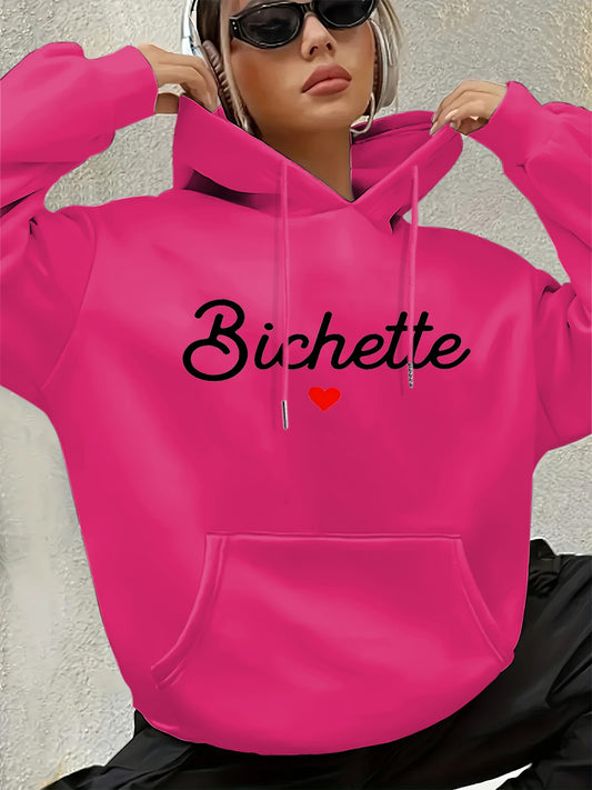 Women'S Chic Brown Hoodie with "Bichette" Print and Red Heart Design - Cozy Long Sleeve Pullover with Kangaroo Pocket, Perfect for Casual Fall/Winter Wear, Casual Wear Hoodie | Chic Casual Style | Polyester Hoodie - GoDiscount
