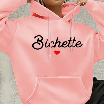Women'S Chic Brown Hoodie with "Bichette" Print and Red Heart Design - Cozy Long Sleeve Pullover with Kangaroo Pocket, Perfect for Casual Fall/Winter Wear, Casual Wear Hoodie | Chic Casual Style | Polyester Hoodie - GoDiscount