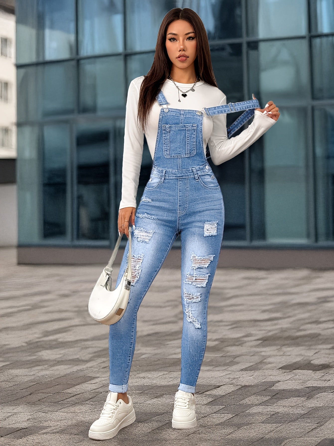 Women'S Casual Denim Overalls & Long Sleeve Top - Stretch Washed Blue with Distressed Details, Adjustable Straps, and Pockets, Perfect for Spring/Summer/Fall, Spring Summer Fashion | Distressed Denim Look | Medium Stretch Fab - GoDiscount