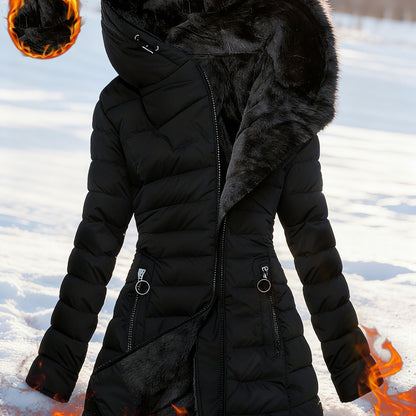 Women's Hooded Jacket - Winter Warmth Full - Zip Long Coat with Hood & - Like Collar, Mid - Length Windproof Outerwear for Skiing, Commuting, Casual Outfits - Machine Washable (Black) - GoDiscount